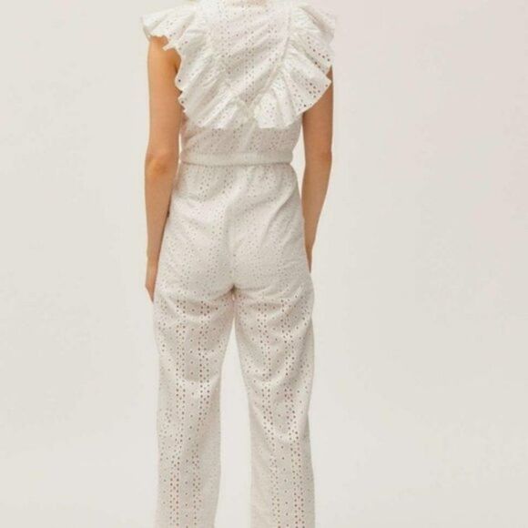 Urban Outfitters White Magnolia Floral Eyelet Ruffle Straight Cropped Jumpsuit M - Picture 3 of 10